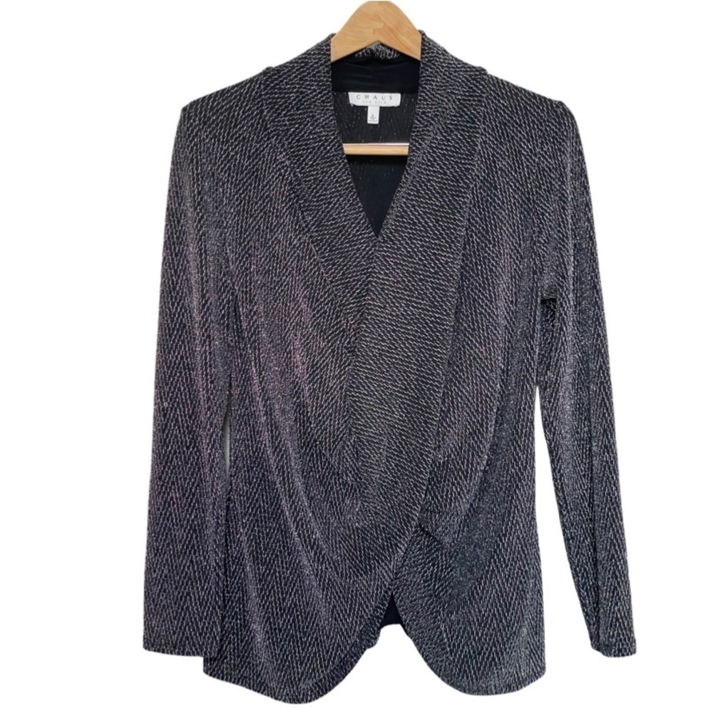 Chaus Label Metallic Black Silver V-Neck Long Sleeve Tunic Women’s Large.